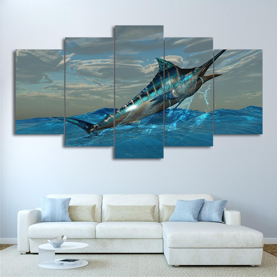 Jumping Tuna Fish - Fishing 5 Panel Canvas Art Wall Decor Jumping Tuna Fish - Fishing 5 Panel Canvas Art Wall Decor