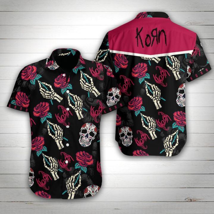 Korn Band Rose Skull Hawaiian Shirt Summer Button Up Korn Band Rose Skull Hawaiian Shirt Summer Button Up