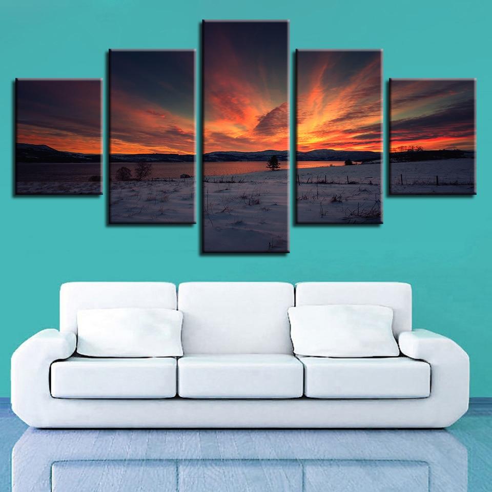 Lake And Mountain Sunset Dusk - Nature 5 Panel Canvas Art Wall Decor Lake And Mountain Sunset Dusk - Nature 5 Panel Canvas Art Wall Decor