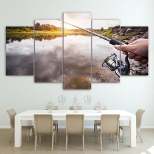 Lake Fishing Rod - Fishing 5 Panel Canvas Art Wall Decor