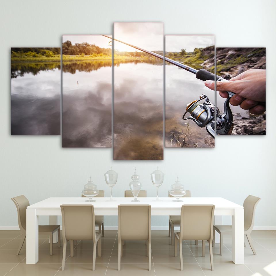 Lake Fishing Rod - Fishing 5 Panel Canvas Art Wall Decor Lake Fishing Rod - Fishing 5 Panel Canvas Art Wall Decor