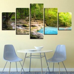 Lake Landscape Waterfall - Nature 5 Panel Canvas Art Wall Decor