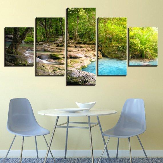 Lake Landscape Waterfall - Nature 5 Panel Canvas Art Wall Decor Lake Landscape Waterfall - Nature 5 Panel Canvas Art Wall Decor