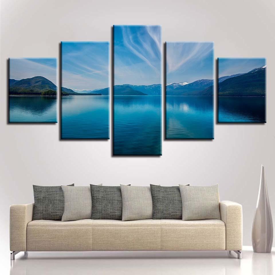 Lake Mountain Blue Sky White Cloud - Nature 5 Panel Canvas Art Wall Decor Lake Mountain Blue Sky White Cloud - Nature 5 Panel Canvas Art Wall Decor