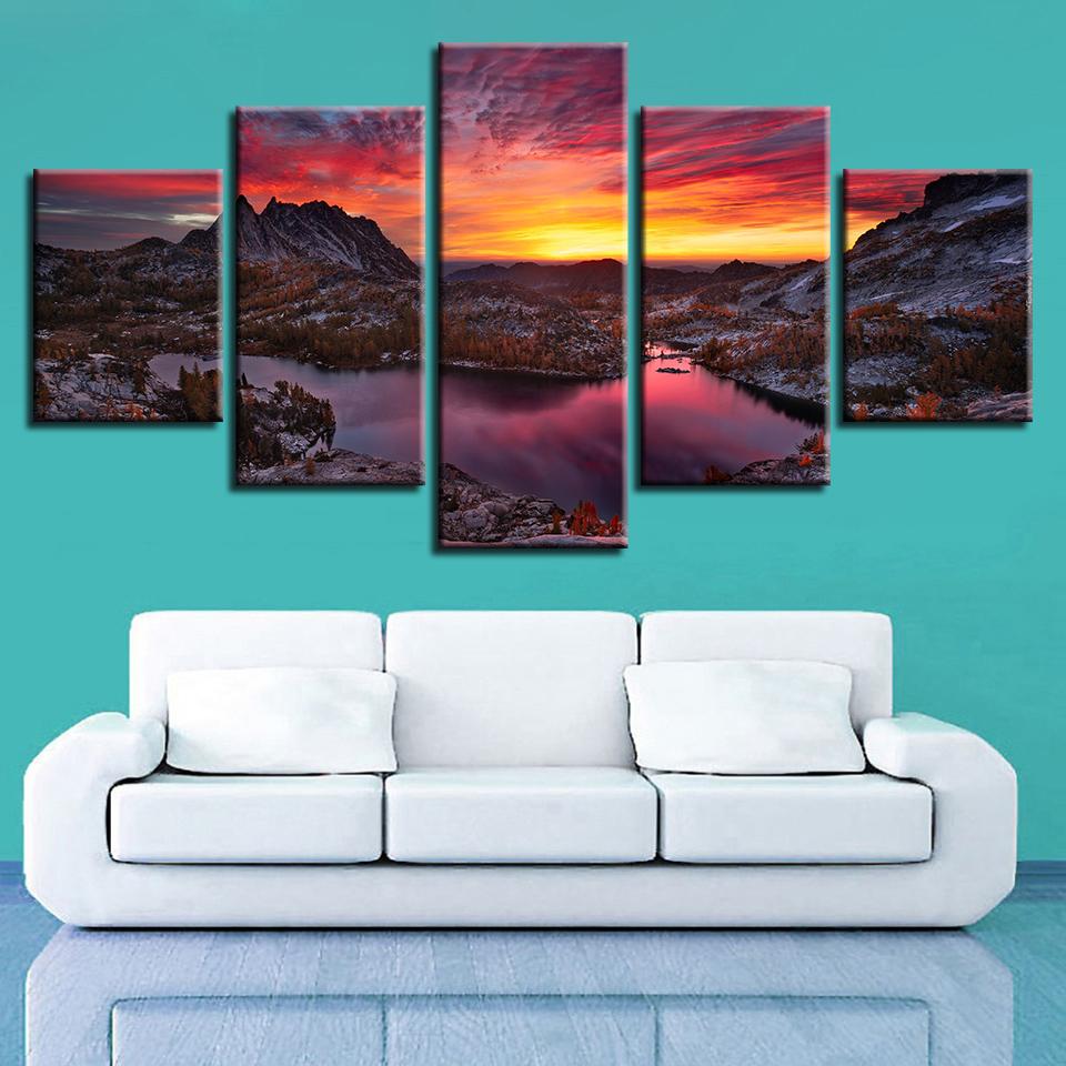 Lake Mountain Sunset - Nature 5 Panel Canvas Art Wall Decor Lake Mountain Sunset - Nature 5 Panel Canvas Art Wall Decor