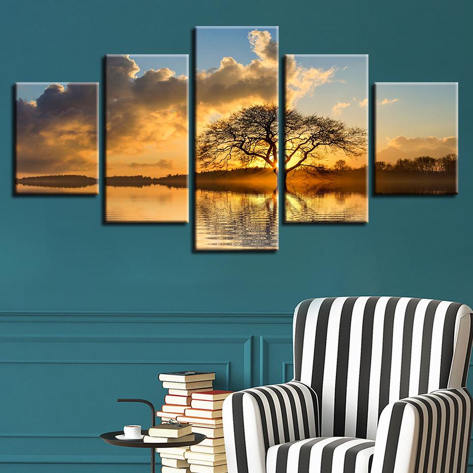 Lake Tree Blue - Nature 5 Panel Canvas Art Wall Decor Lake Tree Blue - Nature 5 Panel Canvas Art Wall Decor