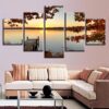 Lake Woods Bridge Red Tree Sunset 1 - Nature 5 Panel Canvas Art Wall Decor