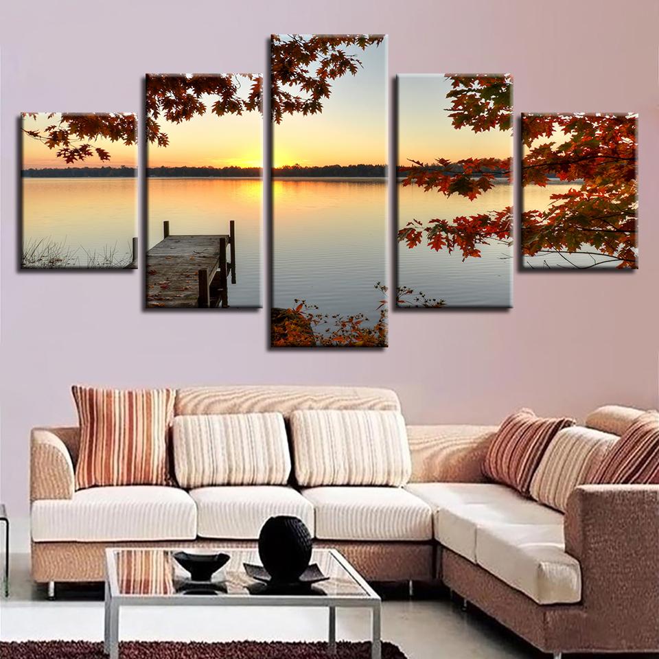 Lake Woods Bridge Red Tree Sunset 1 - Nature 5 Panel Canvas Art Wall Decor Lake Woods Bridge Red Tree Sunset 1 - Nature 5 Panel Canvas Art Wall Decor