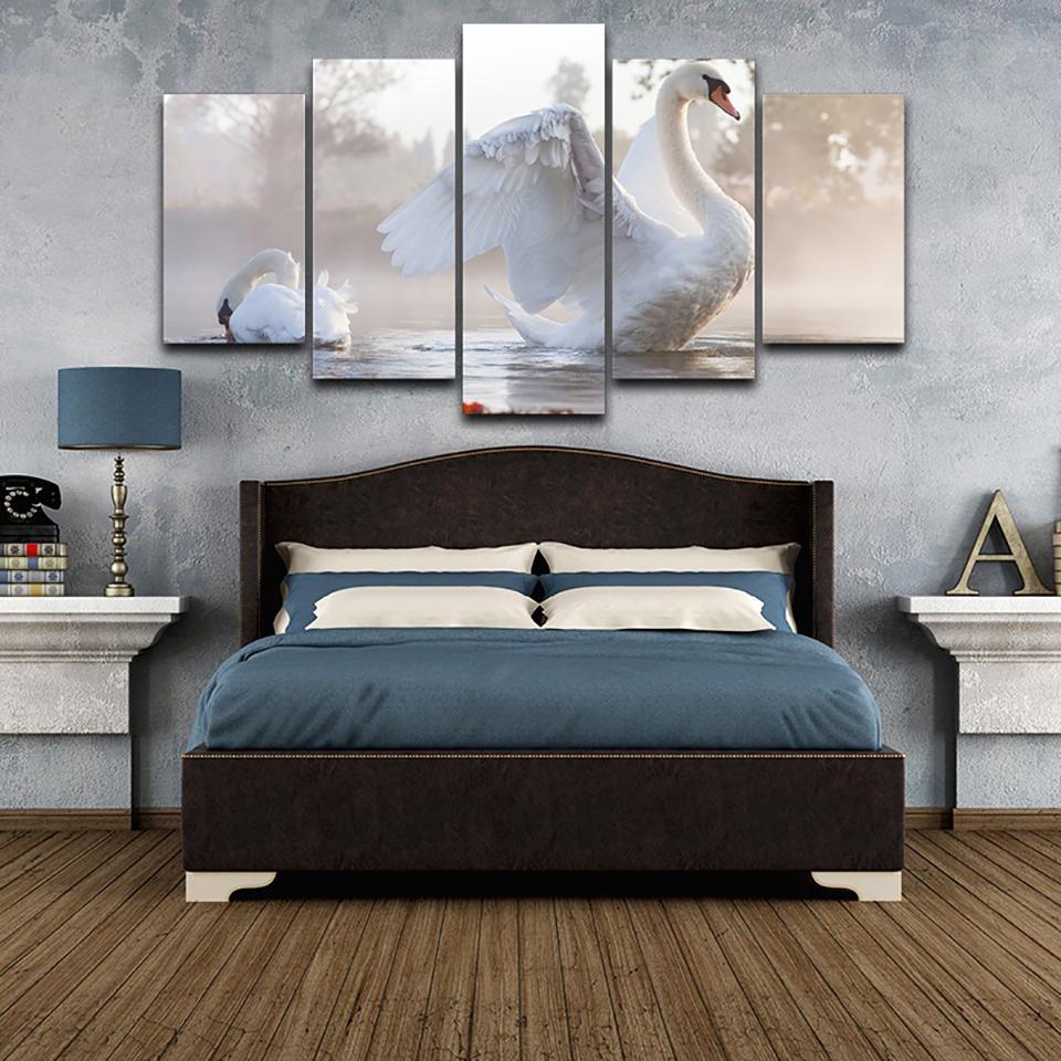 Lakes Swans - Animal 5 Panel Canvas Art Wall Decor Lakes Swans - Animal 5 Panel Canvas Art Wall Decor