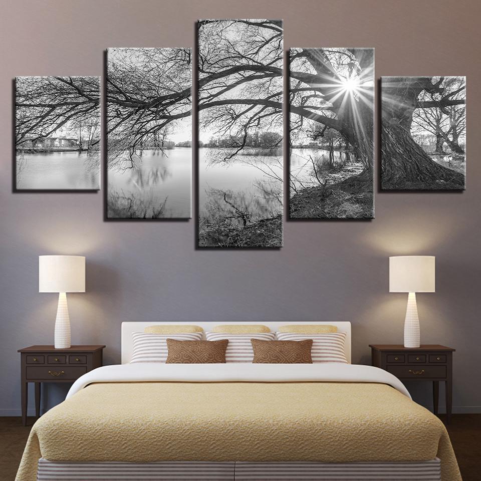 Lakeside Big Trees Black White Landscape - Nature 5 Panel Canvas Art Wall Decor Lakeside Big Trees Black White Landscape - Nature 5 Panel Canvas Art Wall Decor