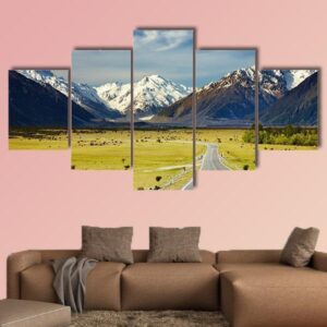 Landscape With Road And Snowy Mountains - Nature 5 Panel Canvas Art Wall Decor