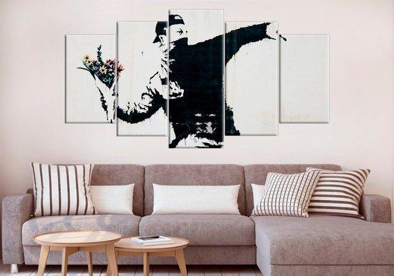 Large Banksy Rage The Flower Thrower - Abstract 5 Panel Canvas Art Wall Decor Large Banksy Rage The Flower Thrower - Abstract 5 Panel Canvas Art Wall Decor
