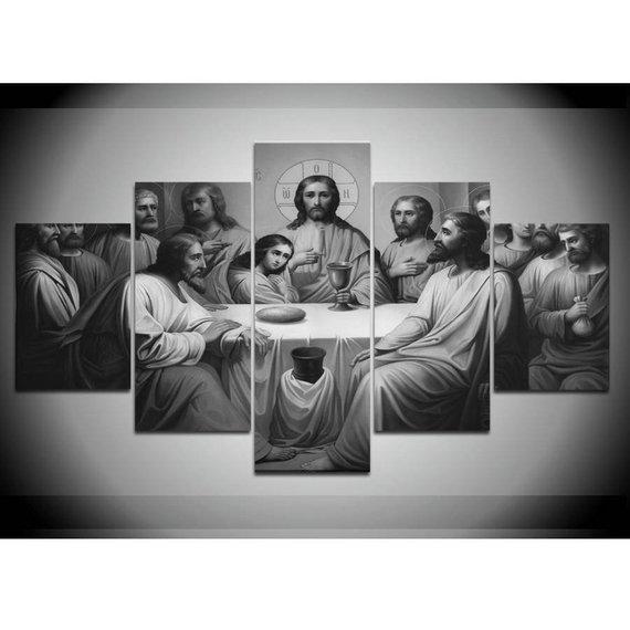 Large Last In Black And White Supper Jesus - Religion 5 Panel Canvas Art Wall Decor Large Last In Black And White Supper Jesus - Religion 5 Panel Canvas Art Wall Decor
