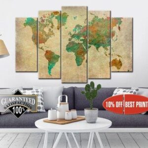 Large World Map - Abstract 5 Panel Canvas Art Wall Decor