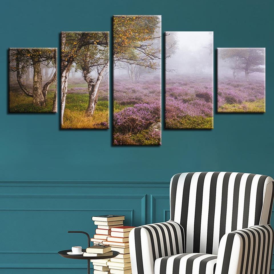 Lavender Flowers And Trees - Nature 5 Panel Canvas Art Wall Decor Lavender Flowers And Trees - Nature 5 Panel Canvas Art Wall Decor