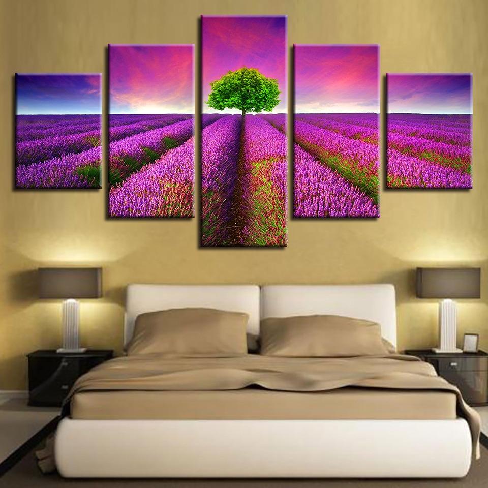 Lavender Flowers Sea Green Tree - Nature 5 Panel Canvas Art Wall Decor Lavender Flowers Sea Green Tree - Nature 5 Panel Canvas Art Wall Decor