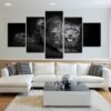 Leopard In Black And White - Animal 5 Panel Canvas Art Wall Decor