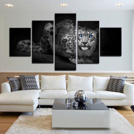 Leopard In Black And White - Animal 5 Panel Canvas Art Wall Decor Leopard In Black And White - Animal 5 Panel Canvas Art Wall Decor