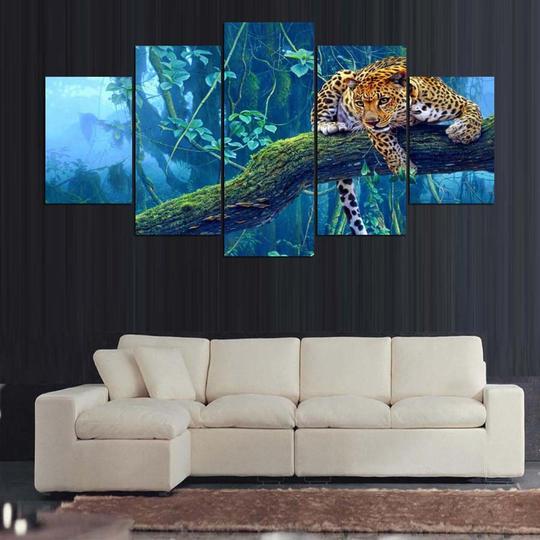 Leopard On Jungle Branch - Nature 5 Panel Canvas Art Wall Decor Leopard On Jungle Branch - Nature 5 Panel Canvas Art Wall Decor