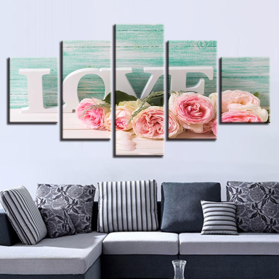 Letters Love And Pink Roses - Nature 5 Panel Canvas Art Wall Decor Letters Love And Pink Roses - Nature 5 Panel Canvas Art Wall Decor