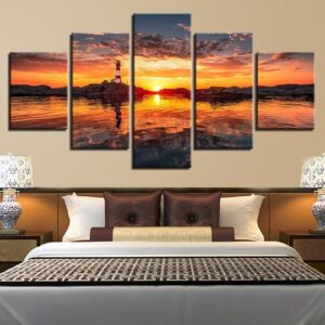 Lighthouse At Sunset - Space 5 Panel Canvas Art Wall Decor