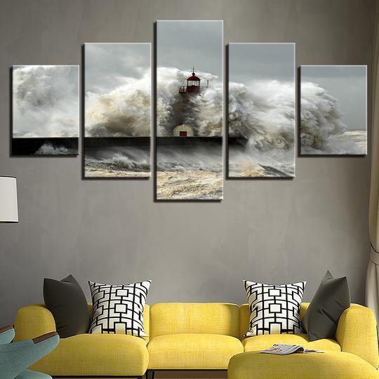 Lighthouse In A Storm Giant Wave - Nature 5 Panel Canvas Art Wall Decor Lighthouse In A Storm Giant Wave - Nature 5 Panel Canvas Art Wall Decor
