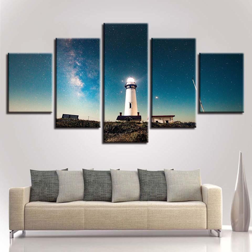 Lighthouse Starry Sky - Nature 5 Panel Canvas Art Wall Decor Lighthouse Starry Sky - Nature 5 Panel Canvas Art Wall Decor