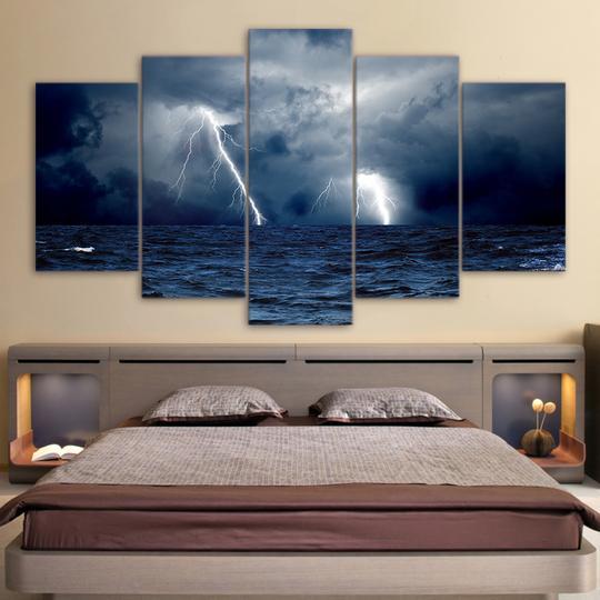 Lightning Storm At Sea - Nature 5 Panel Canvas Art Wall Decor Lightning Storm At Sea - Nature 5 Panel Canvas Art Wall Decor