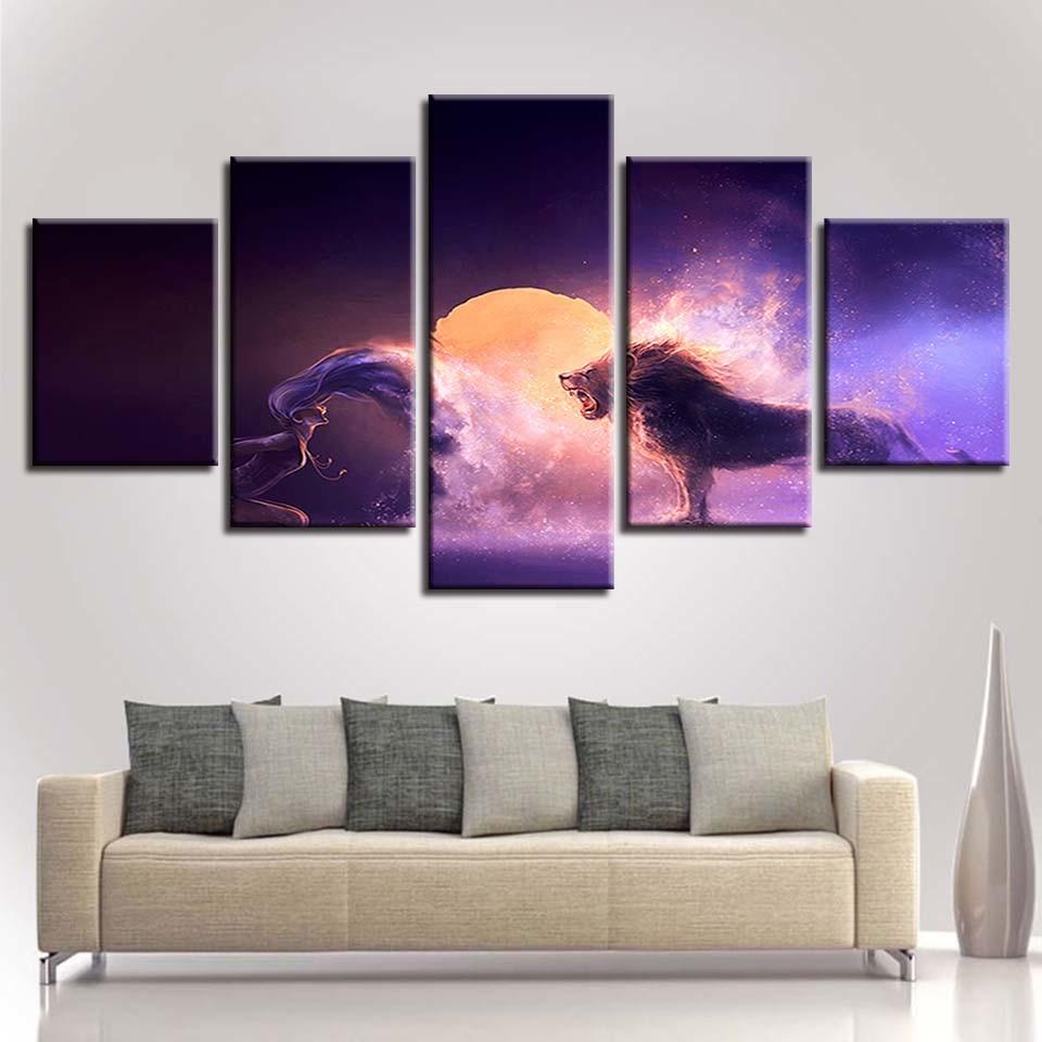 Lion And Woman Color - Abstract 5 Panel Canvas Art Wall Decor Lion And Woman Color - Abstract 5 Panel Canvas Art Wall Decor