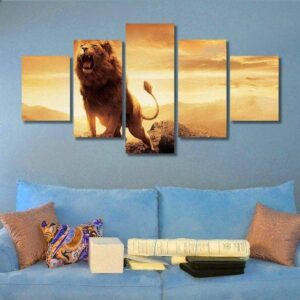 Lion At Seasun 03 - Animal 5 Panel Canvas Art Wall Decor