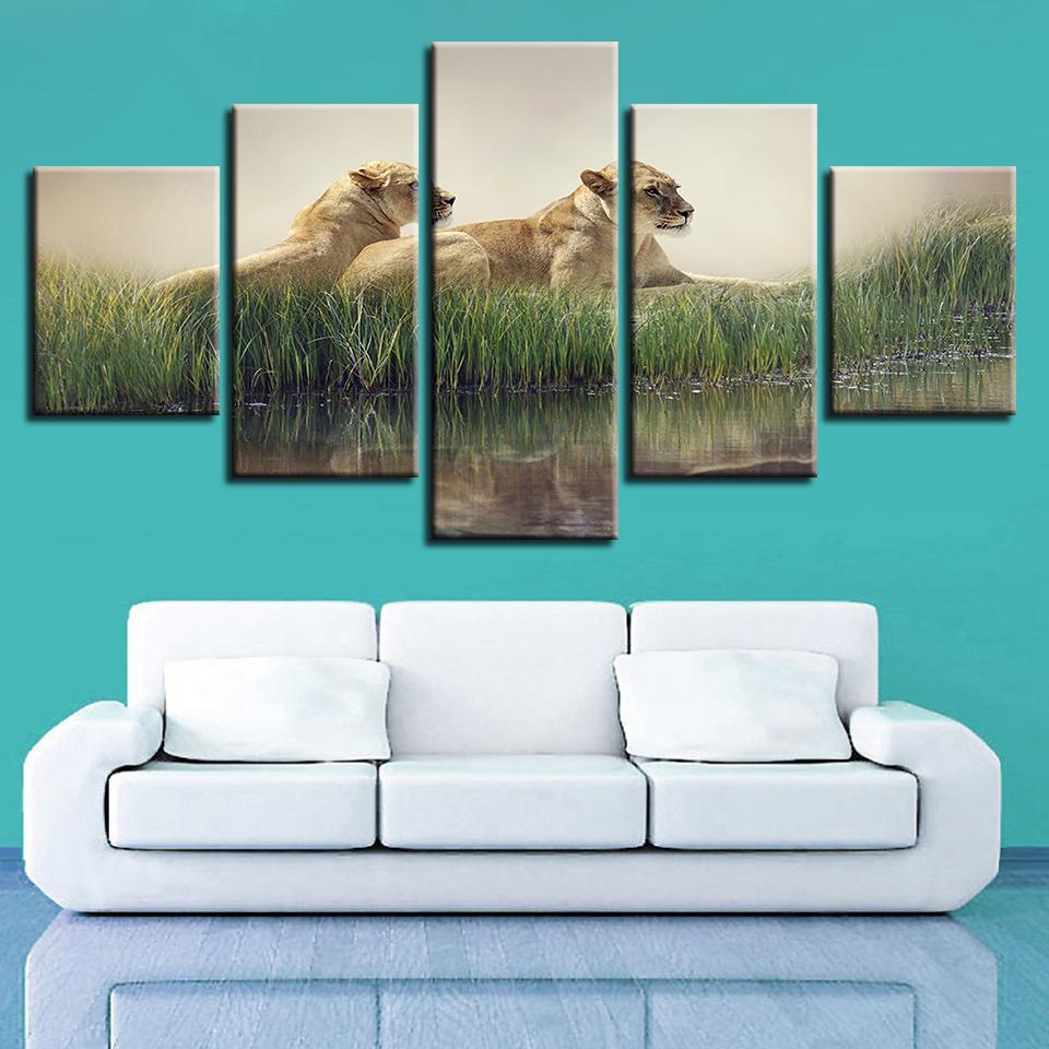 Lion Couple - Animal 5 Panel Canvas Art Wall Decor Lion Couple - Animal 5 Panel Canvas Art Wall Decor