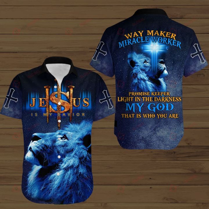 Lion Cross Jesus Is My Savior Way Maker Miracle Worker Hawaiian Shirt Lion Cross Jesus Is My Savior Way Maker Miracle Worker Hawaiian Shirt