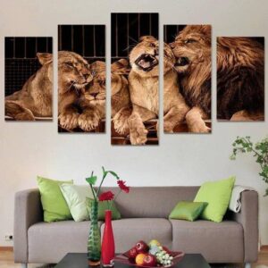Lion Family Mural - Animal 5 Panel Canvas Art Wall Decor