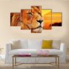 Lion On Savanna Landscape At Sunset - Animal 5 Panel Canvas Art Wall Decor
