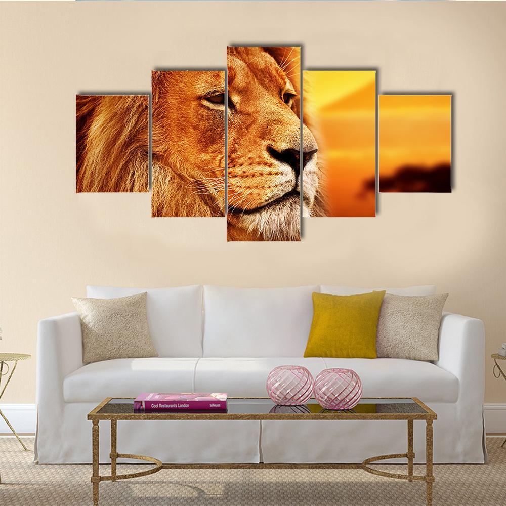 Lion On Savanna Landscape At Sunset - Animal 5 Panel Canvas Art Wall Decor Lion On Savanna Landscape At Sunset - Animal 5 Panel Canvas Art Wall Decor