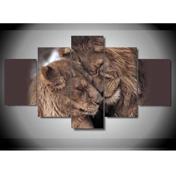 Lion and Lioness 1 - Animal 5 Panel Canvas Art Wall Decor Lion and Lioness 1 - Animal 5 Panel Canvas Art Wall Decor