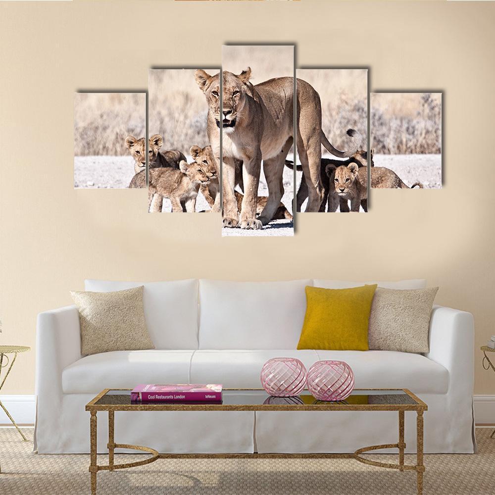 Lioness And Cubs - Animal 5 Panel Canvas Art Wall Decor Lioness And Cubs - Animal 5 Panel Canvas Art Wall Decor