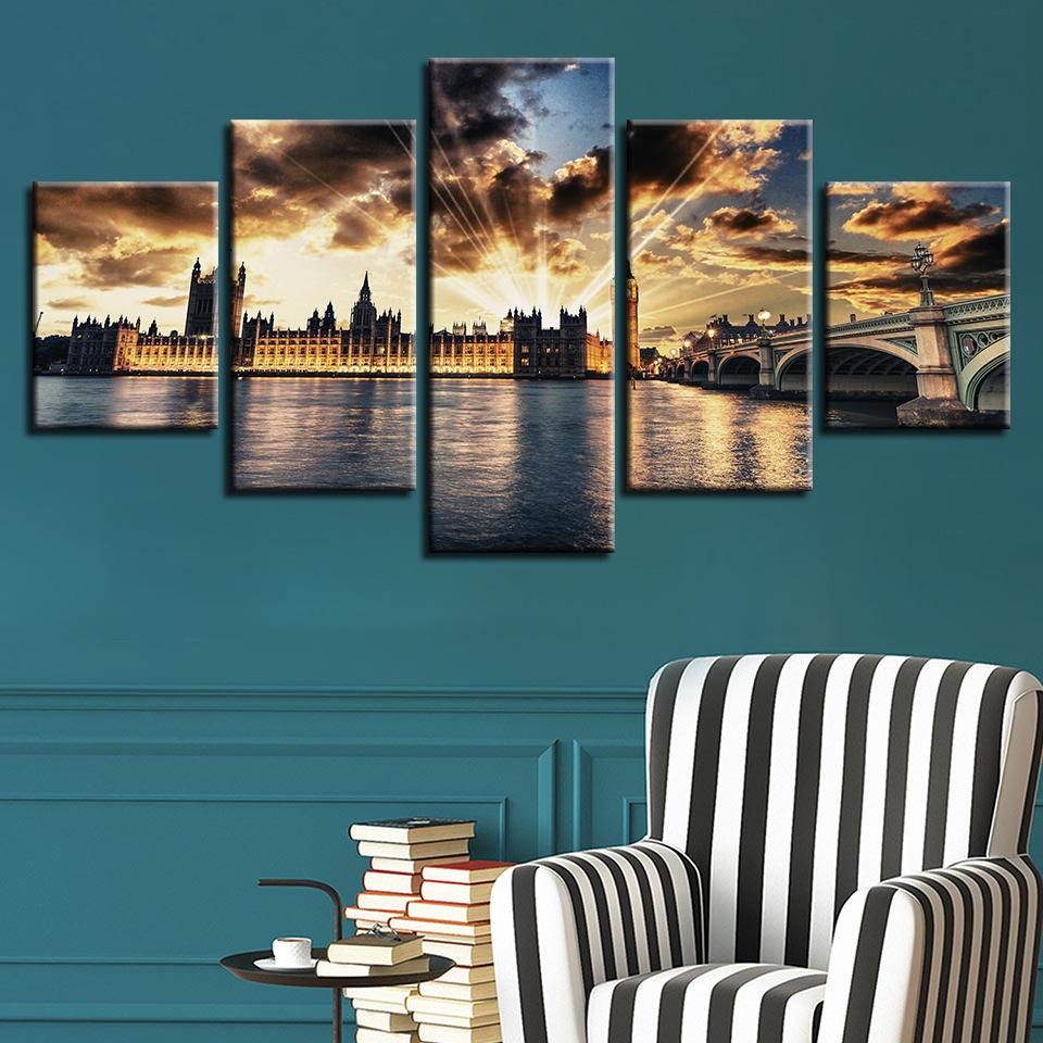 London City Beautiful Building And Bridge Sunshine - Nature 5 Panel Canvas Art Wall Decor London City Beautiful Building And Bridge Sunshine - Nature 5 Panel Canvas Art Wall Decor