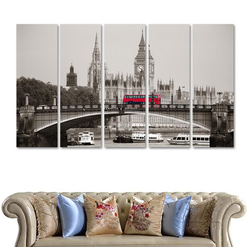 London City Parliament Building And Red Bus Lambeth Bridge - Nature 5 Panel Canvas Art Wall Decor London City Parliament Building And Red Bus Lambeth Bridge - Nature 5 Panel Canvas Art Wall Decor