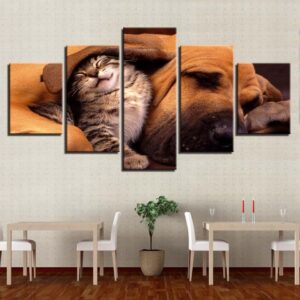 Lovely Cat And Dog Sleeping Together - Animal 5 Panel Canvas Art Wall Decor