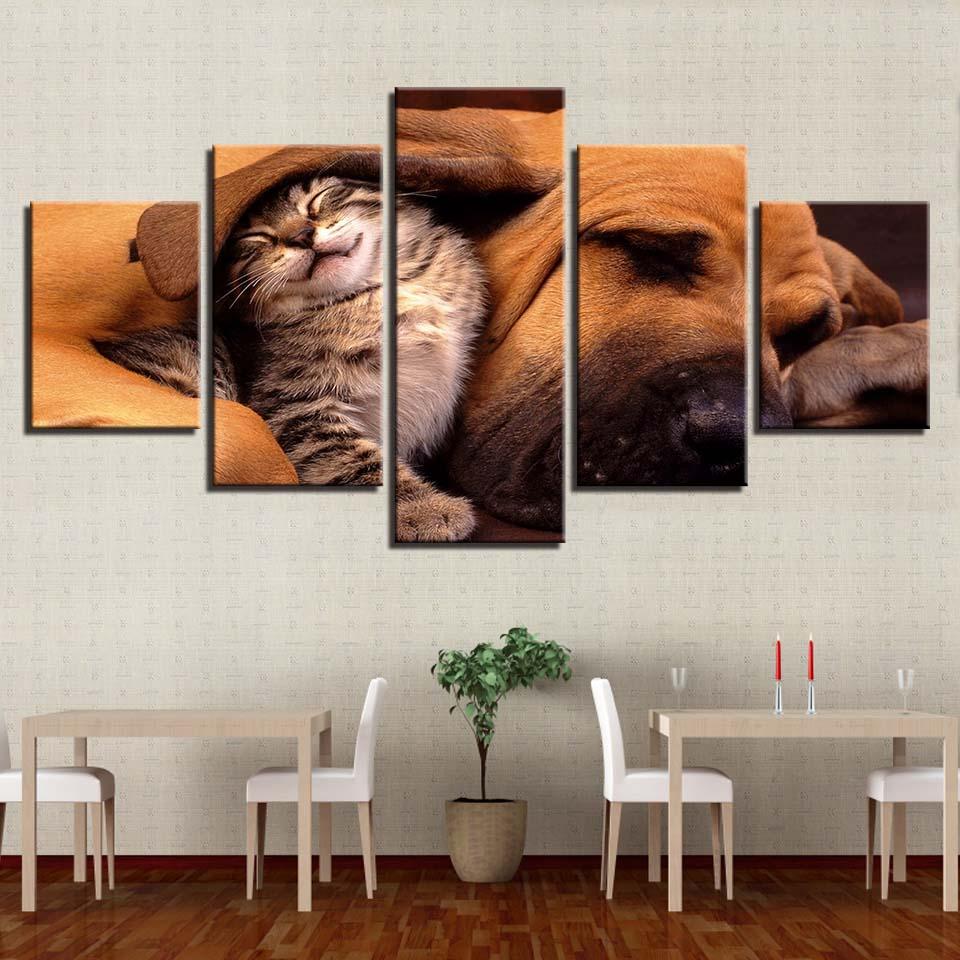 Lovely Cat And Dog Sleeping Together - Animal 5 Panel Canvas Art Wall Decor Lovely Cat And Dog Sleeping Together - Animal 5 Panel Canvas Art Wall Decor