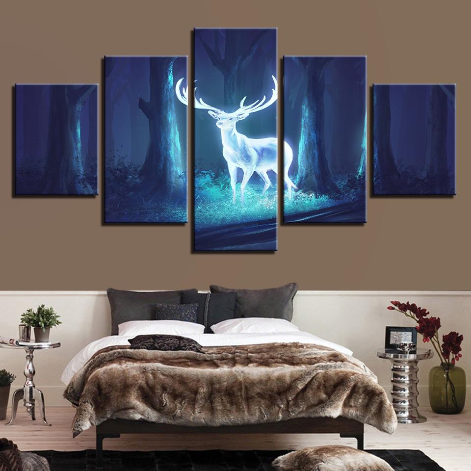 Luminous Deer In The Forest Night - Animal 5 Panel Canvas Art Wall Decor Luminous Deer In The Forest Night - Animal 5 Panel Canvas Art Wall Decor