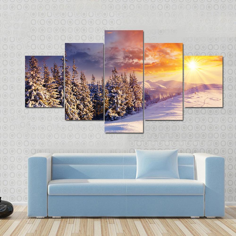 Majestic Sunset In The Winter Mountains Landscape - Nature 5 Panel Canvas Art Wall Decor Majestic Sunset In The Winter Mountains Landscape - Nature 5 Panel Canvas Art Wall Decor