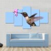 Male Ruby-Throated Hummingbird In Flight With A Purple Flower - Animal 5 Panel Canvas Art Wall Decor