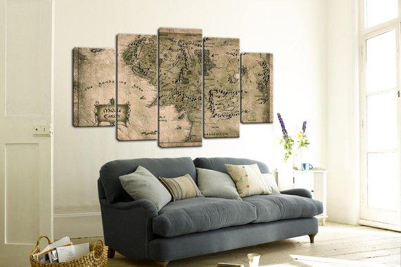 Map of Middle Earth - The Lord of the Rings - Movie 5 Panel Canvas Art Wall Decor Map of Middle Earth - The Lord of the Rings - Movie 5 Panel Canvas Art Wall Decor