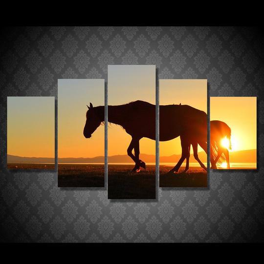 Mare And Foal Sunrise - Animal 5 Panel Canvas Art Wall Decor Mare And Foal Sunrise - Animal 5 Panel Canvas Art Wall Decor