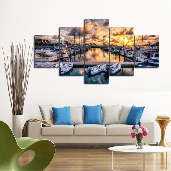 Marina Sunset - Nature 5 Panel Canvas Art Wall Decor Marina Sunset - Nature 5 Panel Canvas Art Wall Decor