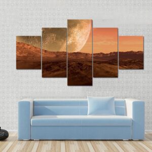 Mars Like Red Planet With Giant Moon At The Horizon - Nature 5 Panel Canvas Art Wall Decor