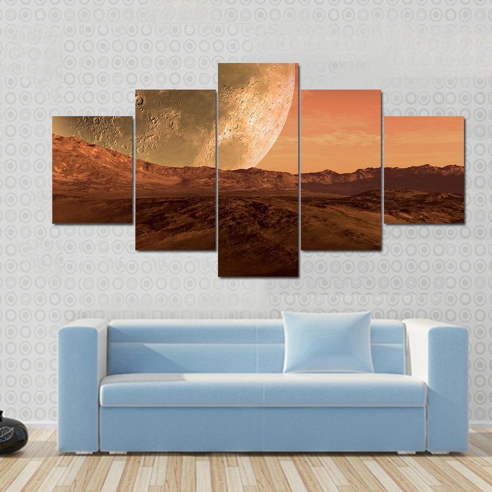 Mars Like Red Planet With Giant Moon At The Horizon - Nature 5 Panel Canvas Art Wall Decor Mars Like Red Planet With Giant Moon At The Horizon - Nature 5 Panel Canvas Art Wall Decor