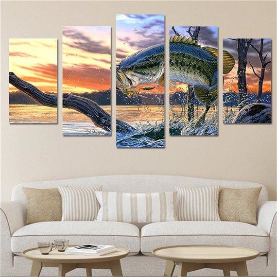 Master Angler Bass Fish - Animal 5 Panel Canvas Art Wall Decor Master Angler Bass Fish - Animal 5 Panel Canvas Art Wall Decor